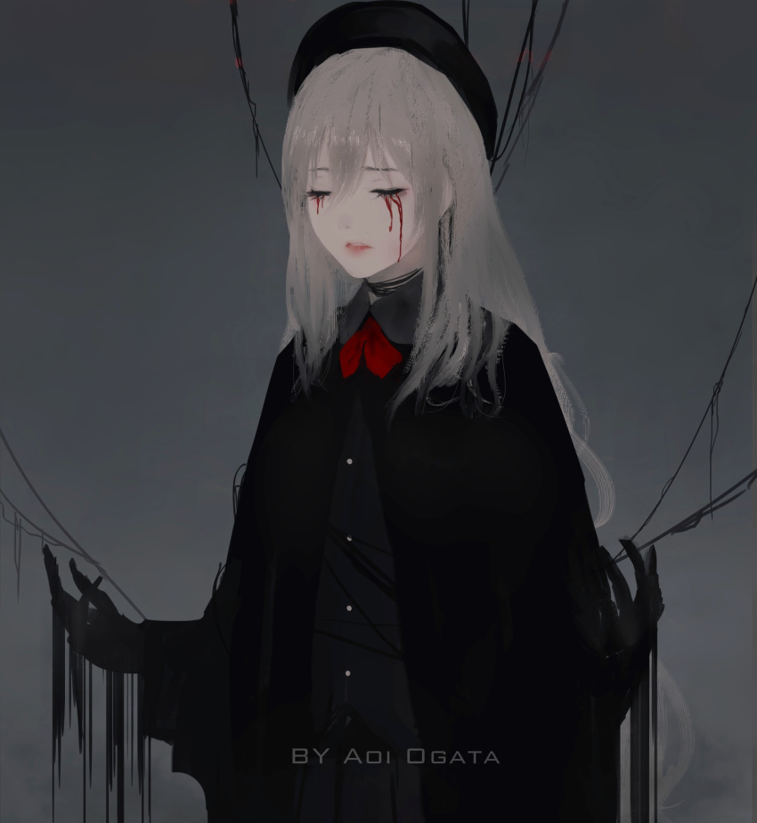 1girl aoi_ogata artist_name bangs black_hair black_shirt blood bloody_tears closed_eyes collared_shirt commentary facing_viewer grey_background hair_between_eyes highres light_brown_hair long_hair neckwear_request original pink_lips red_neckwear shirt solo