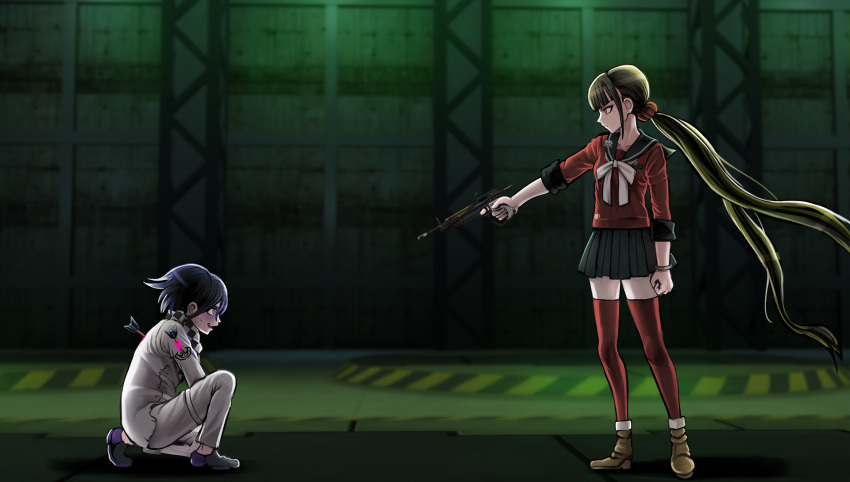 1boy 1girl ankle_boots arrow_in_body bangs black_hair blunt_bangs boots bow_(weapon) checkered checkered_scarf clenched_hand crossbow dangan_ronpa earrings game_cg harukawa_maki highres injury jewelry komatsuzaki_rui long_hair low_twintails mole mole_under_eye nervous_smile new_dangan_ronpa_v3 official_art on_floor open_mouth ouma_kokichi pink_blood pleated_skirt purple_hair red_eyes red_legwear scarf school_uniform scrunchie serafuku serious skirt smile spoilers straitjacket sweat thigh-highs twintails very_long_hair violet_eyes weapon zettai_ryouiki