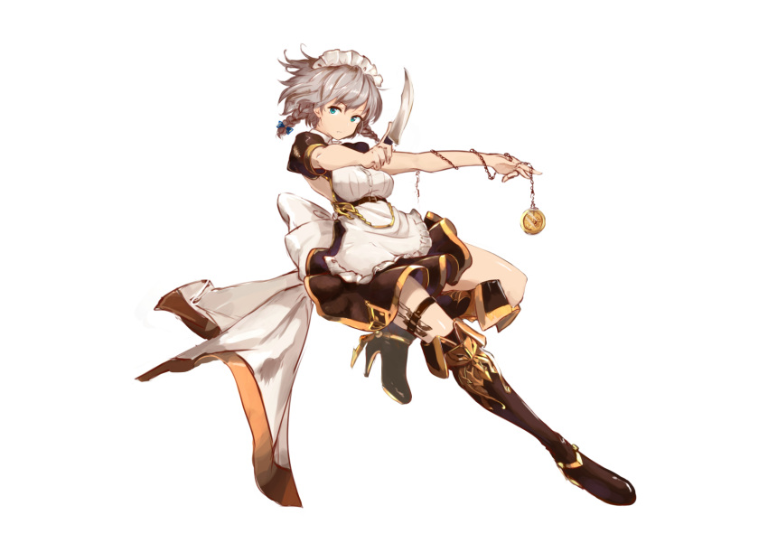 1girl apron aqua_eyes bare_arms black_footwear boots breasts chains full_body highres holding holding_knife homo_1121 izayoi_sakuya knife looking_at_viewer medium_breasts outstretched_arms pocket_watch puffy_short_sleeves puffy_sleeves short_sleeves silver_hair simple_background solo touhou waist_apron watch white_background