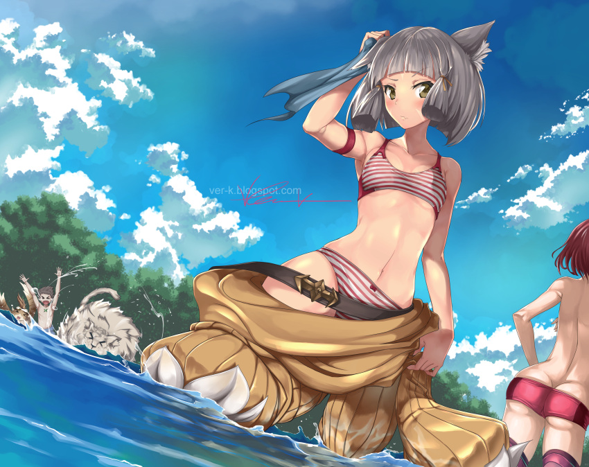 1boy 2girls animal_ears armpit_peek bangs blunt_bangs bob_cut bow bow_panties bra breasts breasts_apart brown_eyes butt_crack byakko_(xenoblade) cat_ears clothes_down clouds collarbone dutch_angle eyebrows_visible_through_hair grey_hair hair_ribbon highres pyra_(xenoblade) indy_k looking_at_viewer multiple_girls navel niyah outdoors panties red_panties rex_(xenoblade_2) ribbon short_hair sidelocks signature sky small_breasts solo_focus sports_bra striped striped_bra striped_panties topless tora_(xenoblade) tree tsurime underwear underwear_only wading water watermark web_address xenoblade_2