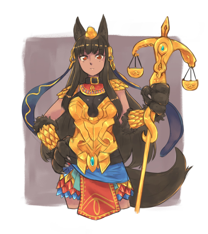 1girl alternate_costume animal_ears anubis_(monster_girl_encyclopedia) armor bangs belt_collar black_hair boobplate breasts closed_mouth commission contrapposto cropped_legs egyptian eyebrows_visible_through_hair fur gold_armor hair_ornament highres holding ignacio_penailillo large_breasts looking_at_viewer monster_girl monster_girl_encyclopedia paws pelvic_curtain purple_background red_eyes scale scale_armor snake_hair_ornament solo spaulders standing tail vambraces wolf_ears wolf_tail