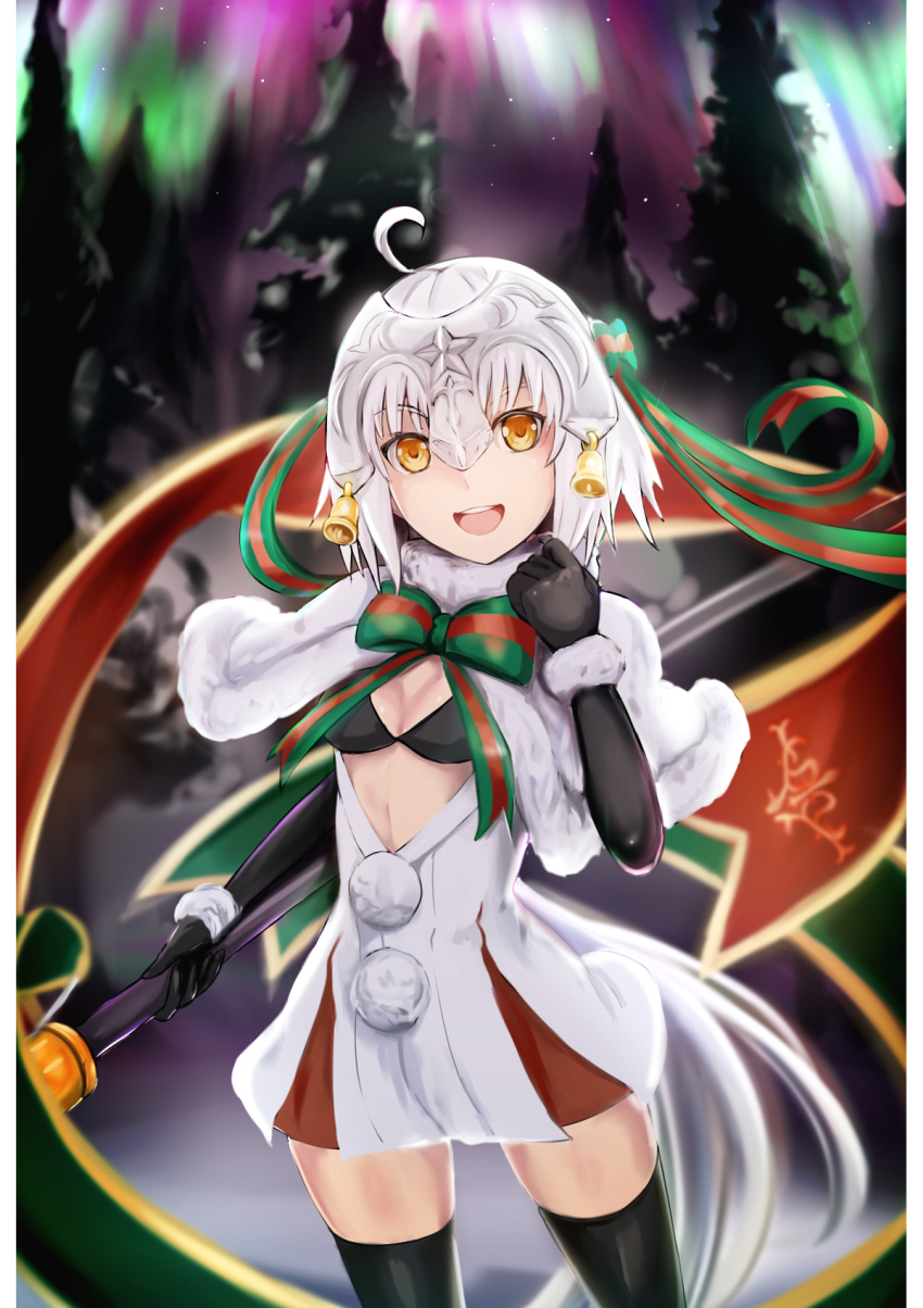 1girl :d aurora bangs bell bikini_top black_bikini_top black_gloves black_legwear bow breasts brown_eyes capelet dress elbow_gloves eyebrows_visible_through_hair fate/grand_order fate_(series) fur-trimmed_capelet fur_collar gloves green_bow green_ribbon hair_bow hand_up head_tilt headpiece highres holding holding_spear holding_weapon jeanne_d'arc_(fate)_(all) jeanne_d'arc_alter_santa_lily looking_at_viewer night night_sky open_mouth outdoors pine_tree pleated_dress polearm ribbon sky small_breasts smile snow solo spear star_(sky) starry_sky striped striped_bow striped_ribbon thigh-highs tree weapon white_capelet white_dress white_hair yutama