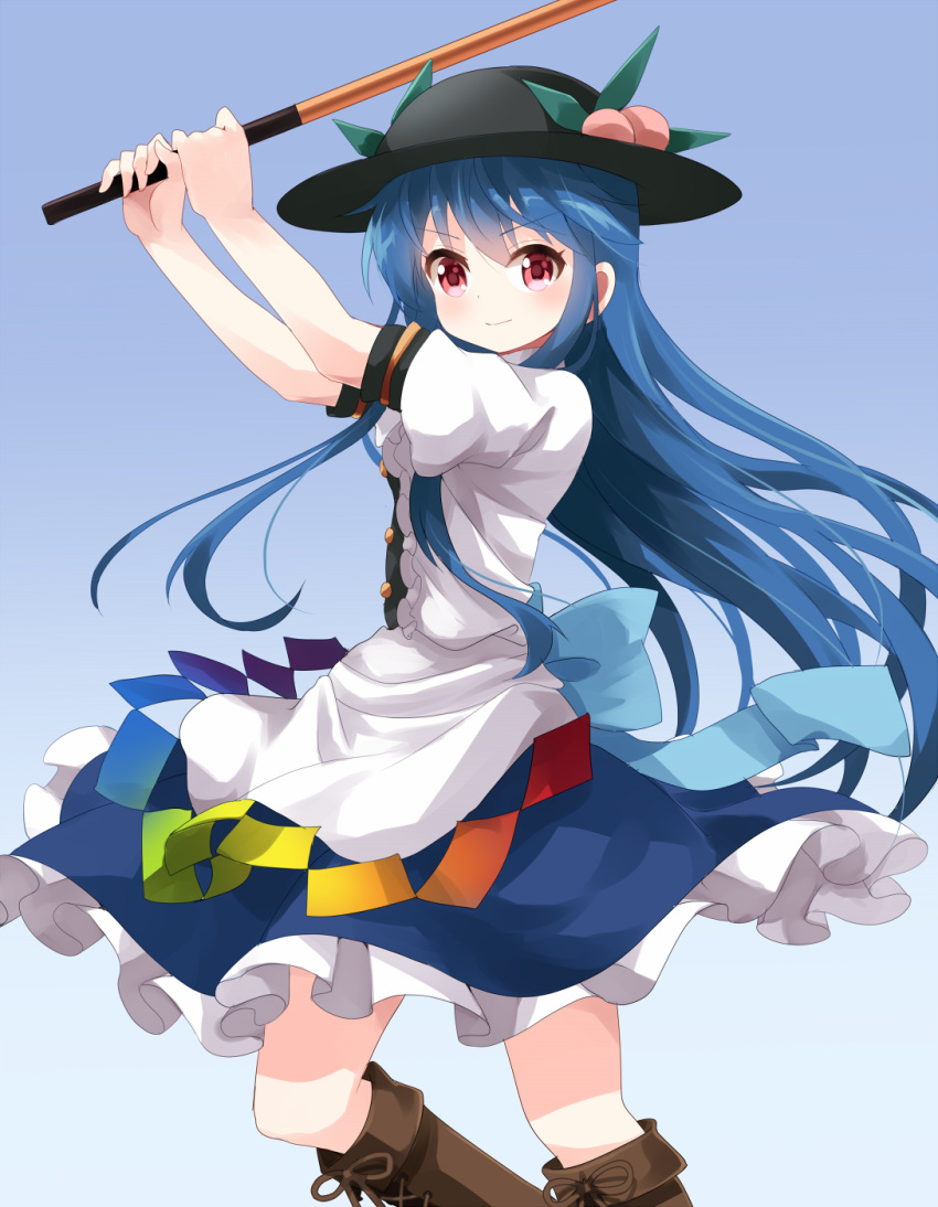 1girl black_hat blue_background blue_hair blue_skirt boots brown_footwear eyebrows_visible_through_hair food frilled_skirt frills fruit gradient gradient_background hat highres hinanawi_tenshi knee_boots leaf long_hair peach puffy_short_sleeves puffy_sleeves rainbow_order red_eyes ruu_(tksymkw) shirt short_sleeves simple_background skirt solo swinging sword_of_hisou touhou v-shaped_eyebrows very_long_hair white_shirt