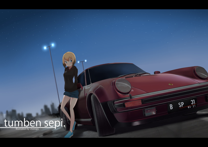 1girl absurdres blonde_hair blue_footwear car erica_hartmann ground_vehicle highres hood hoodie lamppost leaning_back motor_vehicle night porsche_911 scenery short_hair shorts solo strike_witches vitoputr world_witches_series