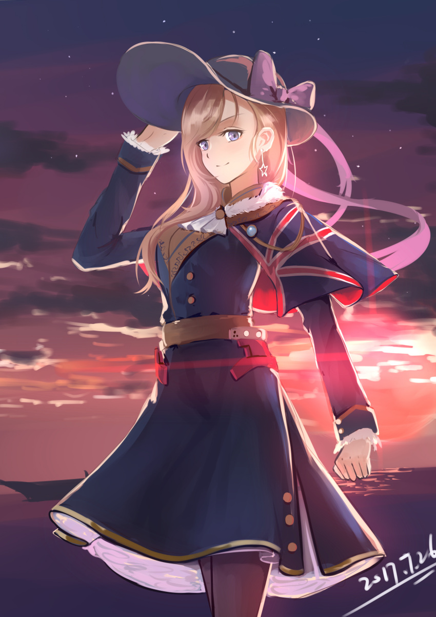 1girl absurdres azur_lane bangs blonde_hair blue_eyes breasts dress earrings flush gloves hand_on_headwear hat highres hood_(azur_lane) jewelry kanryourei long_hair looking_at_viewer outdoors signature sky smile solo star star_(sky) star_earrings starry_sky sun_hat sunrise union_jack white_gloves