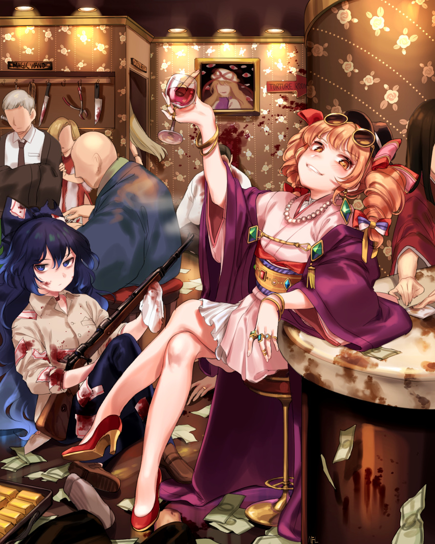 3girls 4boys absurdres bald bangle black_hat blood blue_eyes blue_hair bracelet cup debt drill_hair drinking_glass earrings eyewear_on_head faceless faceless_male glass gold_bar gun hand_up hat high_heels highres holding holding_drinking_glass indoors japanese_clothes jewelry kimono knife legs_crossed long_hair looking_at_viewer money multiple_boys multiple_girls necklace obi orange_eyes orange_hair pearl_necklace pliers red_footwear rifle ring robe sash shan shirt shoes siblings sisters sitting smile stool sunglasses table touhou twin_drills wavy_hair weapon wide_sleeves wine_glass wing_collar yakumo_yukari yorigami_jo'on yorigami_shion yukata