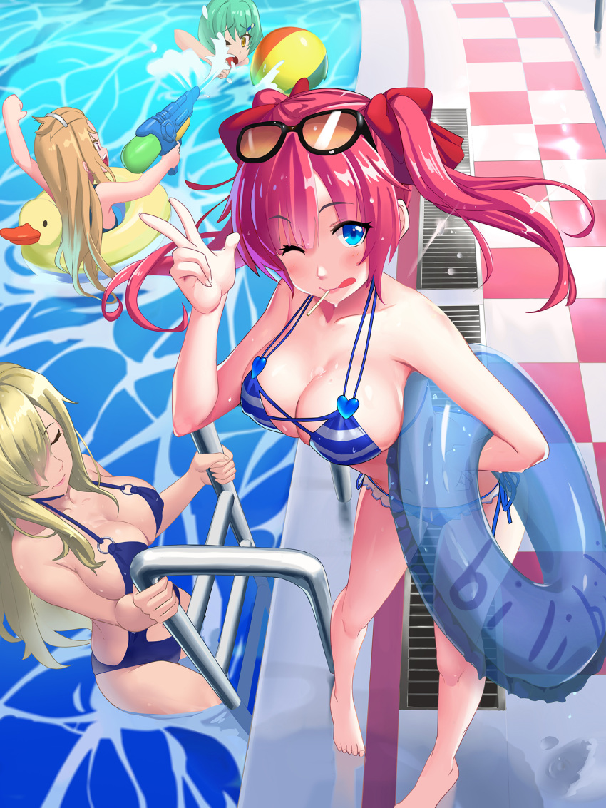 4girls :q azur_lane ball beachball bikini blonde_hair blue_eyes breasts casual_one-piece_swimsuit character_request charles_ausburne_(azur_lane) checkered checkered_floor cleavage climbing closed_eyes collarbone eyewear_on_head flush food food_in_mouth foote_(azur_lane) from_above halterneck highres innertube medium_breasts monokini multiple_girls o-ring o-ring_swimsuit oguro_(xhlj) one-piece_swimsuit one_eye_closed partially_submerged pink_hair pool popsicle popsicle_stick san_diego_(azur_lane) side-tie_bikini standing sunglasses swimsuit tongue tongue_out twintails v water_gun wet