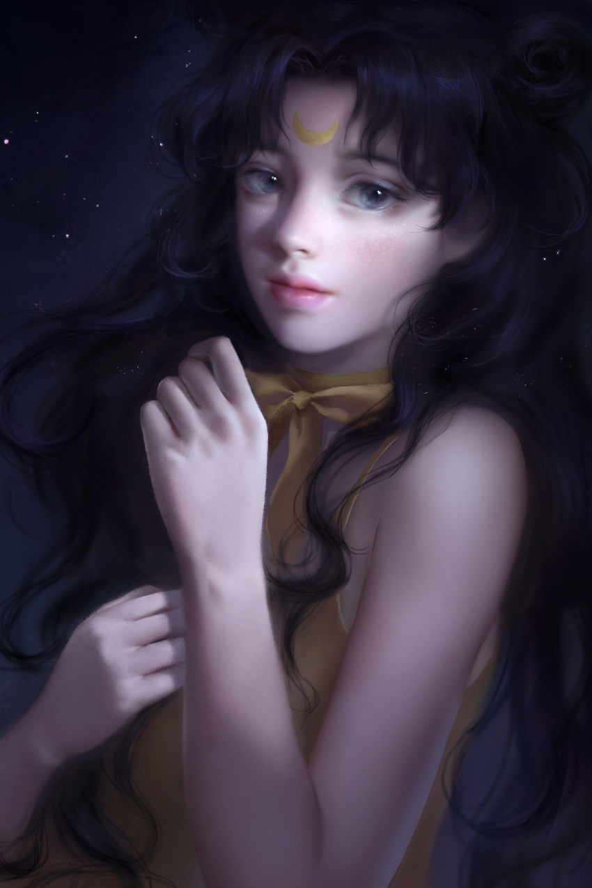 1girl absurdres arms_up bangs bishoujo_senshi_sailor_moon black_hair black_sky choker closed_mouth crescent_moon facial_mark forehead_mark highres lips long_hair looking_at_viewer luna_(sailor_moon) moon night night_sky nose pink_lips ribbon_choker shirt sky solo star_(sky) starry_sky tank_top upper_body y_xun yellow_choker yellow_shirt