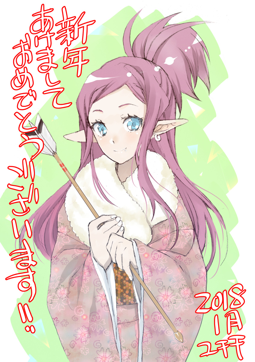 arrow blue_eyes highres japanese_clothes kimono macross macross_delta mirage_farina_jenius nengajou new_year pointy_ears purple_hair translated yukata yukichi_(k_d_h)