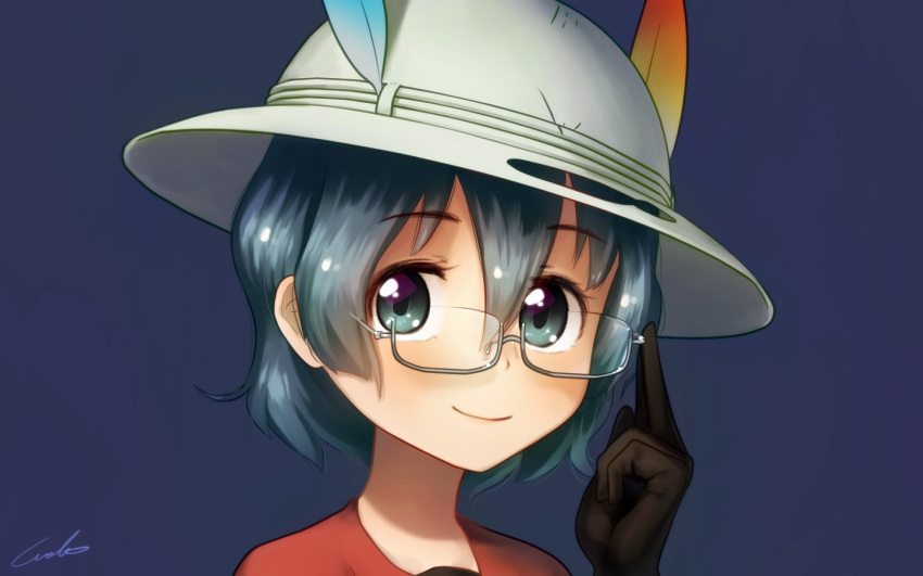 1girl adjusting_eyewear bespectacled black_eyes black_gloves blue_background blue_eyes bucket_hat commentary_request eyebrows_visible_through_hair glasses gloves hair_between_eyes hat hat_feather kaban_(kemono_friends) kemono_friends looking_at_viewer red_shirt semi-rimless_eyewear shirt short_hair signature simple_background solo under-rim_eyewear welt_(kinsei_koutenkyoku) white_hat