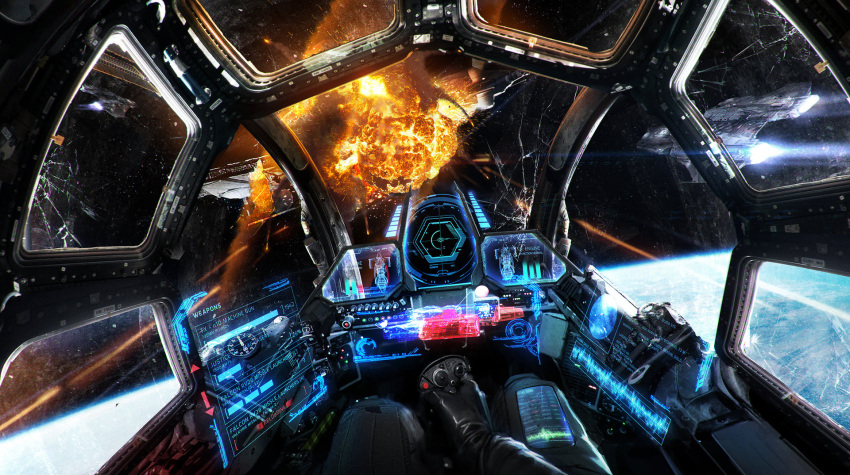 aerial_battle battle cockpit commentary controller dogfight explosion highres holographic_monitor johnson_ting joystick original pilot_suit planet pov science_fiction space space_craft
