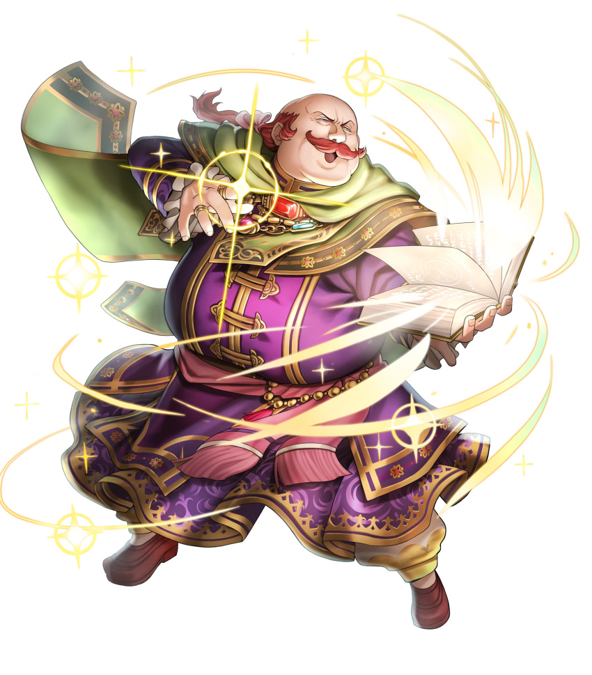 1boy bald book bow cape facial_hair fat fat_man fire_emblem fire_emblem:_akatsuki_no_megami fire_emblem_heroes full_body gem grey_eyes highres jewelry long_hair low_ponytail male_focus mustache official_art oliver_(fire_emblem) open_mouth redhead ring solo sparkle transparent_background