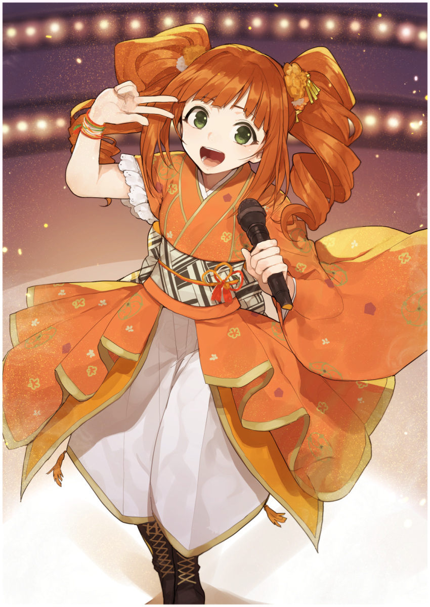 1girl armband boots commentary_request cross-laced_footwear drill_hair flower green_eyes hair_flower hair_ornament hakama highres hitoto holding holding_microphone idolmaster idolmaster_(classic) japanese_clothes kimono long_hair microphone mismatched_sleeves obi open_mouth orange_hair sash smile solo stage_lights takatsuki_yayoi twintails v yukata