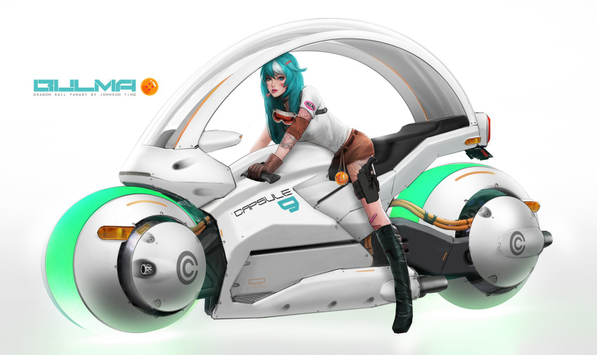 1girl alternate_hairstyle aqua_eyes aqua_hair arm_tattoo armband bandaid bandaid_on_face boots brown_gloves bulma choker cigarette commentary dragon_ball dragon_ball_(object) full_body gloves goggles goggles_around_neck ground_vehicle gun hair_down hair_ornament hairclip handgun highres holster johnson_ting knee_boots leg_tattoo lips looking_at_viewer motor_vehicle motorcycle multicolored_hair nose pistol shirt short_shorts shorts smoking solo streaked_hair t-shirt tattoo thigh_holster weapon