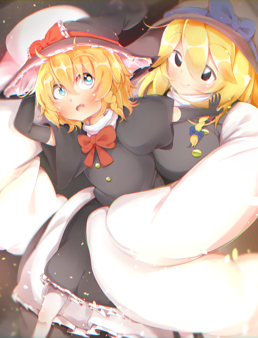 2girls absurdres akabeco black_eyes black_gloves black_hat blonde_hair blue_bow blue_eyes blue_ribbon blush bow breasts chromatic_aberration closed_mouth cookie_(touhou) elbow_gloves eyebrows_visible_through_hair fang gloves hat hat_bow hat_ribbon highres kirisame_marisa large_breasts looking_at_viewer looking_away meguru_(cookie) multiple_girls parted_lips puffy_short_sleeves puffy_sleeves red_bow red_ribbon ribbon short_sleeves smile touhou witch_hat yuuhi_(cookie)