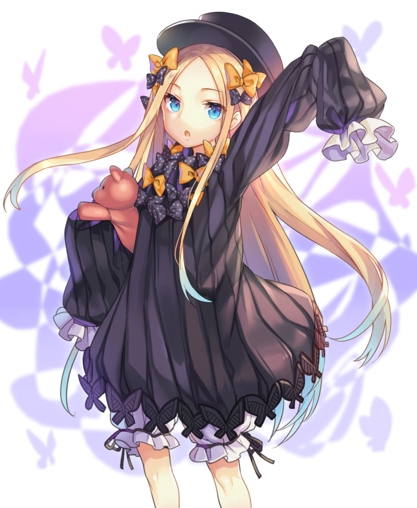 1girl :o abigail_williams_(fate/grand_order) arm_up bangs black_bow black_dress black_hat blonde_hair bloomers blue_eyes blue_hair bow butterfly dress eyebrows_visible_through_hair fate/grand_order fate_(series) forehead gradient_hair hair_bow hat highres long_hair long_sleeves looking_at_viewer mokyu multicolored_hair object_hug orange_bow parted_bangs parted_lips polka_dot polka_dot_bow sleeves_past_wrists solo stuffed_animal stuffed_toy teddy_bear underwear very_long_hair white_bloomers