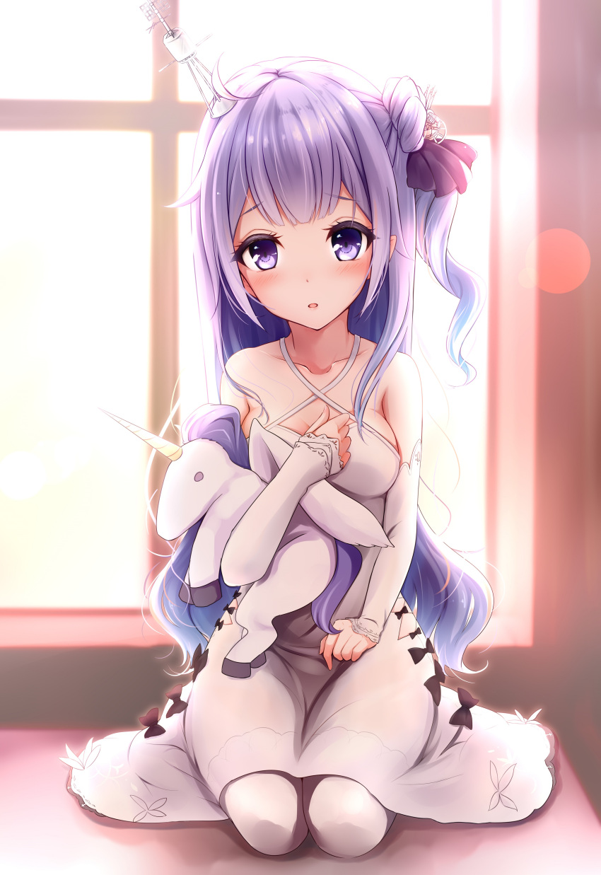 1girl :o absurdres azur_lane bangs bare_shoulders black_bow black_ribbon blush bow breasts collarbone commentary_request criss-cross_halter day detached_sleeves dress eyebrows_visible_through_hair fingernails hair_bun hair_ornament hair_ribbon halterneck highres long_hair long_sleeves looking_at_viewer medium_breasts mitsukii object_hug one_side_up pantyhose parted_lips purple_hair ribbon school_uniform side_bun sleeveless sleeveless_dress sleeves_past_wrists solo stuffed_animal stuffed_pegasus stuffed_toy stuffed_unicorn sunlight unicorn_(azur_lane) very_long_hair violet_eyes white_dress white_legwear window