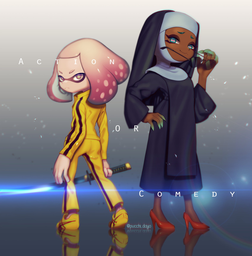 2girls absurdres ass bodysuit bruce_lee's_jumpsuit cosplay cross crown dark_skin domino_mask full_body habit highres hime_(splatoon) iida_(splatoon) jewelry katana kill_bill looking_at_viewer mask mole mole_under_mouth multicolored_hair multiple_girls necklace nintendo nun octarian parody puchiman robe safety_pin short_hair sister_act smile splatoon splatoon_2 sword tentacle_hair weapon white_hair yellow_bodysuit yellow_eyes