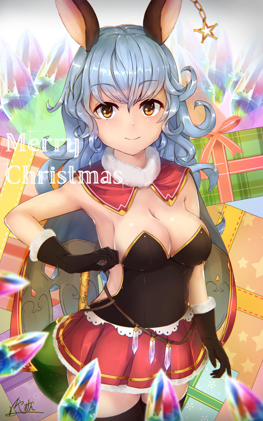 1girl absurdres animal_ears black_gloves blue_hair blush breasts brown_eyes christmas cleavage closed_mouth curly_hair eyebrows_visible_through_hair ferry_(granblue_fantasy) gift gloves granblue_fantasy highres hiyashi_mikan large_breasts long_hair looking_at_viewer merry_christmas red_skirt signature skirt smile solo