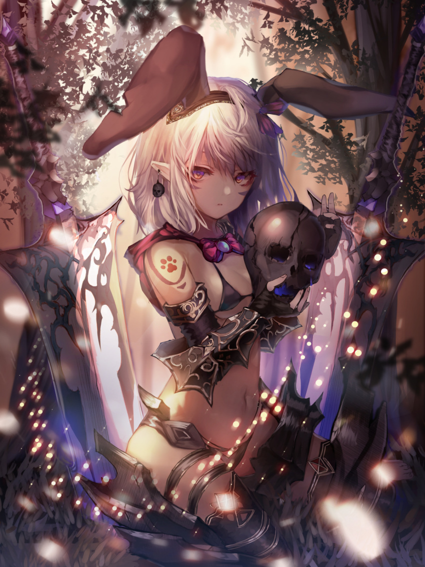 1girl animal_ears armor bangs barefoot black_gloves breasts cotn7806 dual_wielding earrings facial_mark fake_animal_ears fingerless_gloves gloves hair_between_eyes highres holding huge_weapon jewelry looking_at_viewer micro_bikini_top original pointy_ears rabbit_ears sitting skull solo sword vambraces violet_eyes weapon