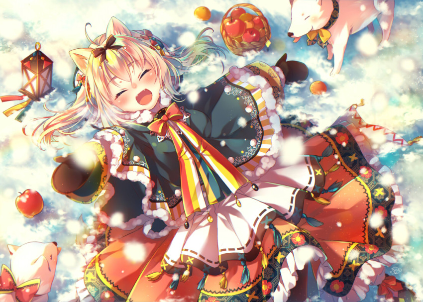 1girl ahoge animal_ears blonde_hair closed_eyes coat commentary_request dog_ears fang fangs hair_ribbon long_hair nemuri_nemu original outdoors ribbon scarf snow snowing traditional_clothes