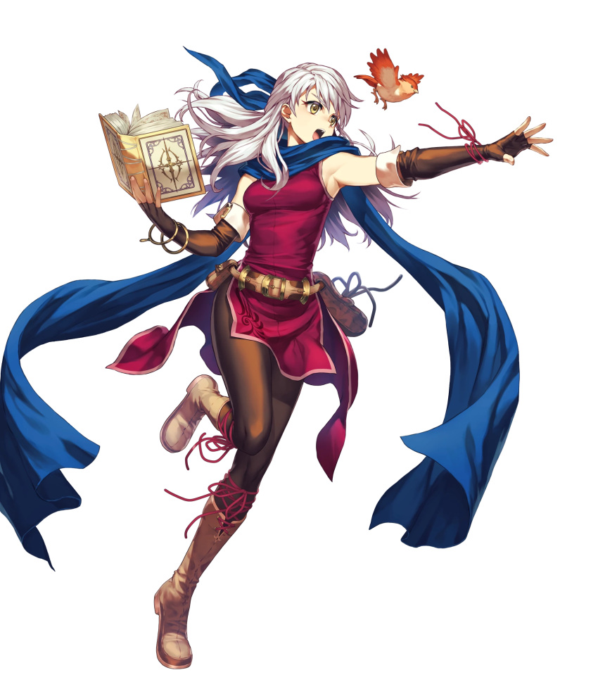 1girl belt belt_buckle belt_pouch bird blue_scarf book boots bracelet breasts dress elbow_gloves female fingerless_gloves fire_emblem fire_emblem:_akatsuki_no_megami fire_emblem_heroes full_body gloves highres holding holding_book jewelry leg_up long_hair looking_away medium_breasts micaiah official_art one_leg_raised open_mouth outstretched_arm pantyhose pouch scarf side_slit silver_hair simple_background sleeveless sleeveless_dress solo transparent_background upper_teeth