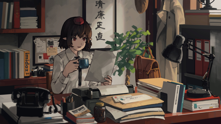 1girl bag binder black_hair black_neckwear book camera coat commentary_request cup desk desk_lamp envelope folder highres holding holding_cup holding_paper indoors jar lamp long_sleeves mikado_(winters) necktie paper parted_lips pen pencil phone photo_(object) plant pointy_ears printer red_eyes shameimaru_aya shirt short_hair smile solo touhou translation_request white_shirt