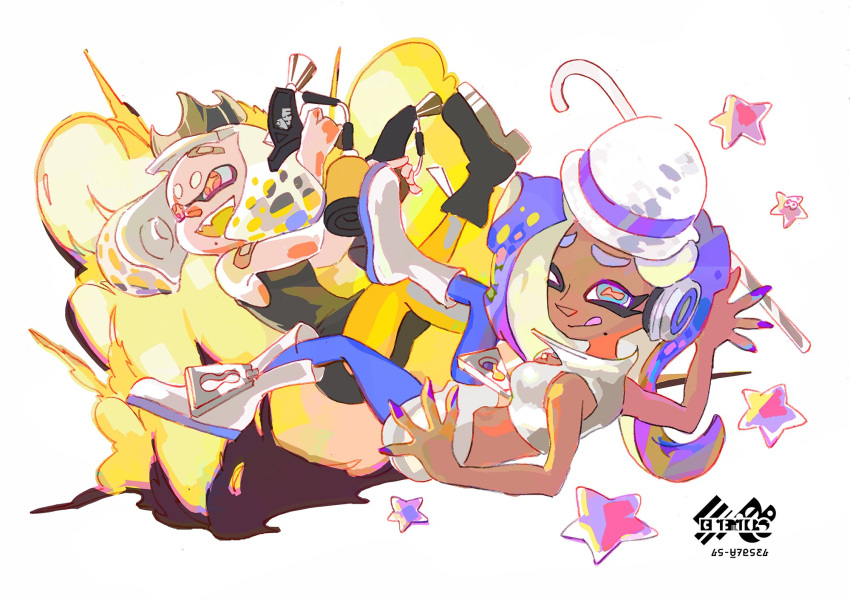 2girls boater_hat boots cane cephalopod_eyes crown explosion highres inoue_seita logo marina_(splatoon) midriff multiple_girls official_art pearl_(splatoon) smile splat_dualies_(splatoon) splatoon splatoon_2 star tentacle_hair