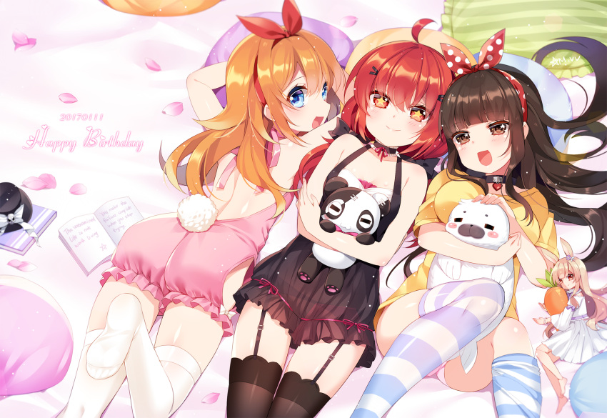 4girls :d animal_ears backless_outfit bangs bare_arms bare_shoulders black_choker black_dress black_hat black_legwear blue_eyes blush book bow brown_hair bunny_girl bunny_tail carrot character_request choker closed_mouth dated doll_joints dress english eyebrows_visible_through_hair feet frilled_choker frills garter_straps hair_between_eyes hair_ribbon hairband happy_birthday hat hat_bow highres light_brown_hair long_hair lying mini_hat mini_top_hat multiple_girls mvv no_shoes object_hug on_back on_stomach open-back_dress open_book open_mouth original panties petals pink_dress pink_panties pleated_dress polka_dot_ribbon rabbit_ears red_eyes red_hairband red_ribbon redhead ribbon seal shirt short_dress signature skull smile star star-shaped_pupils striped striped_legwear striped_pillow stuffed_animal stuffed_panda stuffed_toy symbol-shaped_pupils tail thigh-highs top_hat underwear very_long_hair vivian_(mvv) white_bow white_dress white_legwear yellow_shirt