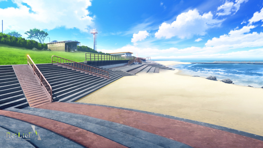 beach blue_sky building bush clouds cloudy_sky copyright_name foam grass mikago_kotaro no_humans ocean outdoors railing re:lief_~shin'ai_naru_anata_e~ rock sand scenery sky stairs tower tree water watermark waves