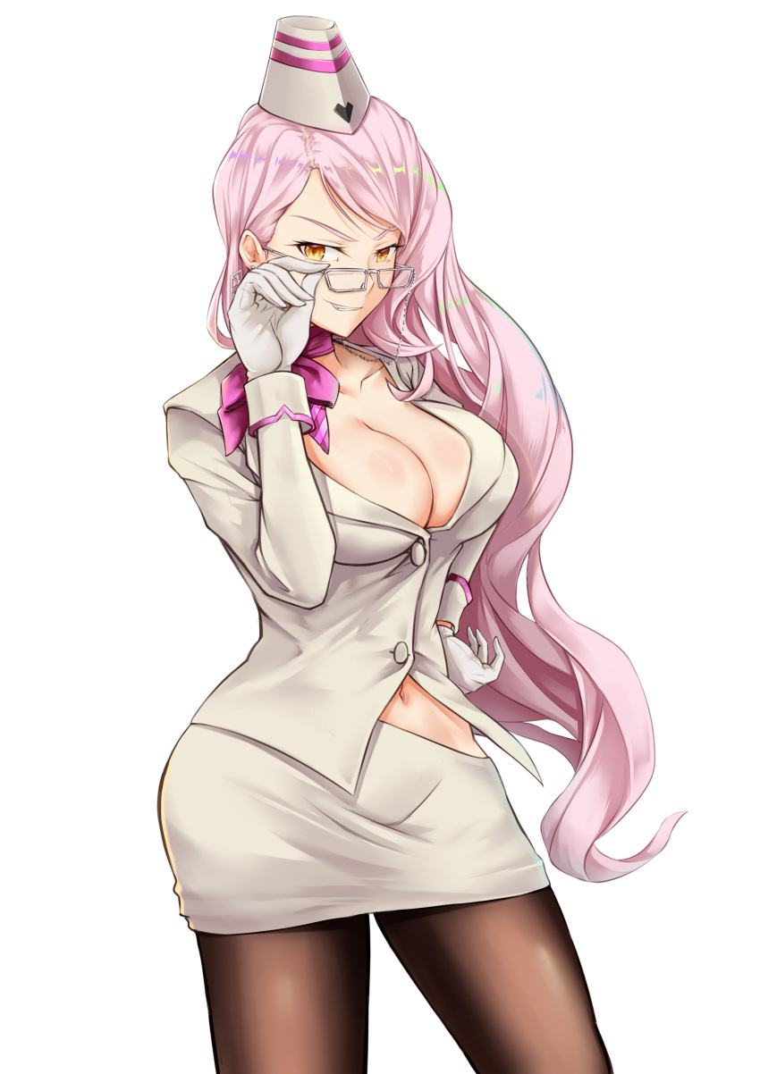 1girl absurdres artist_request breasts choker cleavage collarbone commentary_request fate/grand_order fate_(series) glasses gloves hat highres koyanskaya large_breasts long_hair long_sleeves looking_at_viewer midriff miniskirt navel pantyhose pink_hair ribbon ribbon_choker skirt smile solo very_long_hair white_background white_gloves yellow_eyes