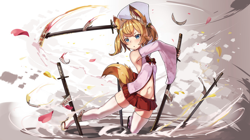 1girl animal_ears bangs blonde_hair blue_eyes blush bow breasts commentary_request detached_sleeves eyebrows_visible_through_hair fox_ears fox_tail geta hair_ornament holding holding_weapon katana kemomimi_vr_channel long_hair looking_at_viewer mikoko_(kemomimi_vr_channel) miniskirt natori_youkai navel one_knee red_skirt skirt small_breasts solo sword tail thigh-highs twintails weapon white_legwear wide_sleeves