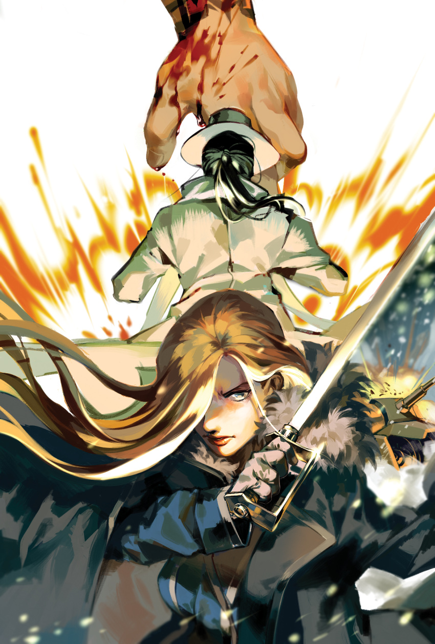 1girl 2boys arm_tattoo back bangs black_hair blonde_hair blood blood_drip blood_splatter bloody_hand blue_eyes breasts coat explosion fedora floating_hair formal fullmetal_alchemist fur_trim glint gloves ground_vehicle hair_over_one_eye hat highres holding holding_sword holding_weapon large_breasts lips long_hair long_sleeves looking_at_viewer military military_uniform military_vehicle motor_vehicle multiple_boys olivier_mira_armstrong one_eye_covered parted_lips ponytail scar_(fma) scarf shade snow solf_j_kimblee suit sword tank tattoo teeth uniform weapon white_hat white_suit yg_(pixiv5449008)
