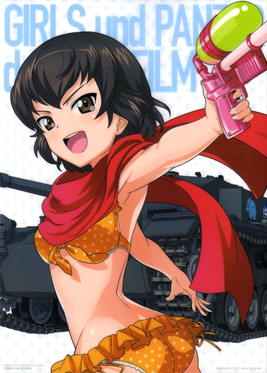 1girl absurdres ass bikini brown_eyes brown_hair caesar_(girls_und_panzer) copyright_name cowboy_shot girls_und_panzer ground_vehicle highres military military_vehicle motor_vehicle official_art polka_dot polka_dot_background polka_dot_bikini red_scarf scarf short_hair side-tie_bikini solo sturmgeschutz_iii swimsuit tank water_gun white_background yellow_bikini