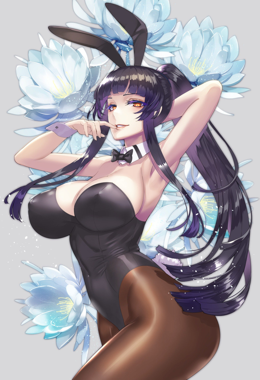 1girl absurdres animal_ears arm_behind_head armpits arms_up bare_shoulders black_hair black_leotard blunt_bangs breasts cleavage commentary_request covered_navel covered_nipples cowboy_shot damegane detached_collar fake_animal_ears finger_to_mouth flower high_ponytail highleg highleg_leotard highres large_breasts leotard lidia_(damegane) lipstick long_hair looking_at_viewer makeup original pale_skin pantyhose parted_lips playboy_bunny ponytail rabbit_ears rabbit_tail red_eyes sidelocks simple_background smile solo strapless strapless_leotard tail wrist_cuffs