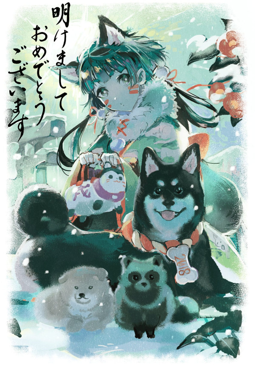 1girl akeome animal_ears bangs bayashiko black_eyes black_hair blunt_bangs commentary_request dog dog_ears facial_mark flower fur_collar happy_new_year highres holding japanese_clothes kimono long_sleeves looking_at_viewer new_year original snow snowing solo tanuki torii translated wide_sleeves year_of_the_dog