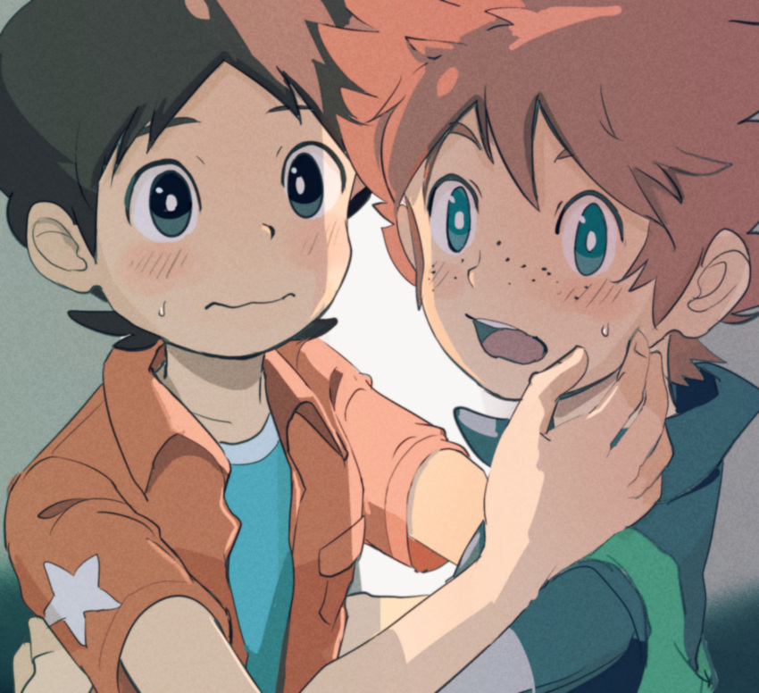 2boys amano_keita arms_around_back besuyama blue_eyes blush brown_hair commentary_request embarrassed freckles hand_on_another's_face highres looking_at_another looking_at_viewer looking_back mac_(youkai_watch) male_focus multiple_boys open_mouth short_hair simple_background sweat wavy_mouth yaoi youkai_watch