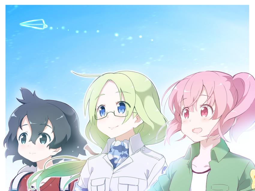 3girls ahoge backpack bag black_eyes black_hair blue_eyes blue_sky breast_pocket collarbone eyebrows_visible_through_hair glasses green_hair hair_between_eyes kaban_(kemono_friends) kemono_friends long_hair mirai_(kemono_friends) multiple_girls nana_(kemono_friends) paper_airplane pink_eyes pink_hair pocket red_shirt safari_jacket semi-rimless_eyewear shirt side_ponytail sky smile tanaka_kusao under-rim_eyewear upper_body