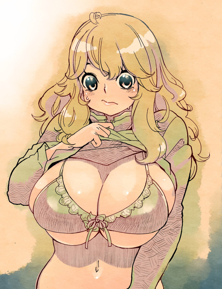 1girl :/ ahoge bangs bikini bikini_under_clothes blonde_hair blush breasts cleavage closed_mouth eyebrows eyelashes facing_viewer front-tie_bikini front-tie_top green_shirt hair_between_eyes highres huge_breasts lifted_by_self long_hair long_sleeves looking_at_breasts looking_away looking_down midriff navel original pink_eyes pink_lips ribbon shirt shirt_lift sidelocks skindentation solo stomach sweat swimsuit tareme tsuutenkaaku under_boob upper_body wavy_hair