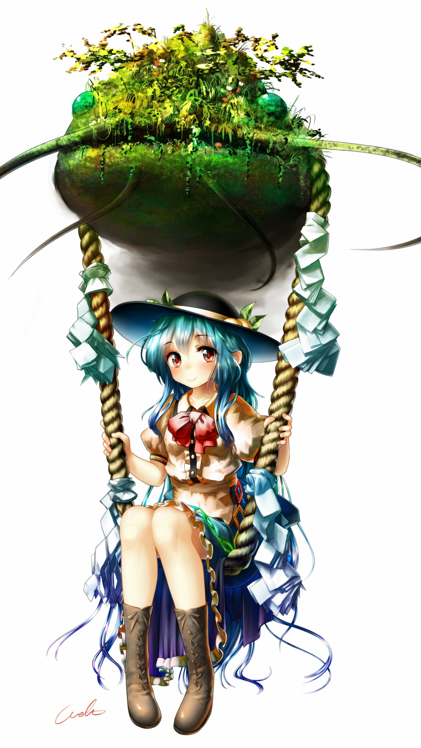 1girl absurdres artist_name black_hat blue_hair blue_skirt boots catfish commentary_request fish flower food fruit grass hat hat_ribbon highres hinanawi_tenshi leaf long_hair looking_at_viewer peach plant puffy_short_sleeves puffy_sleeves rainbow_order red_eyes red_flower ribbon rope shide shirt short_sleeves sitting skirt smile touhou very_long_hair welt_(kinsei_koutenkyoku) whiskers white_background white_flower white_ribbon white_shirt