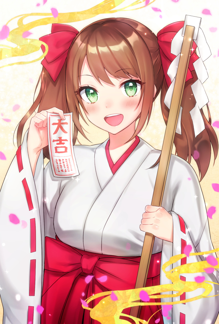 1boy akariko_(akaringo) blush brown_hair crossdressinging green_eyes hair_ribbon hakama highres idolmaster idolmaster_side-m japanese_clothes long_hair male_focus miko mizushima_saki open_mouth red_hakama ribbon smile solo trap twintails