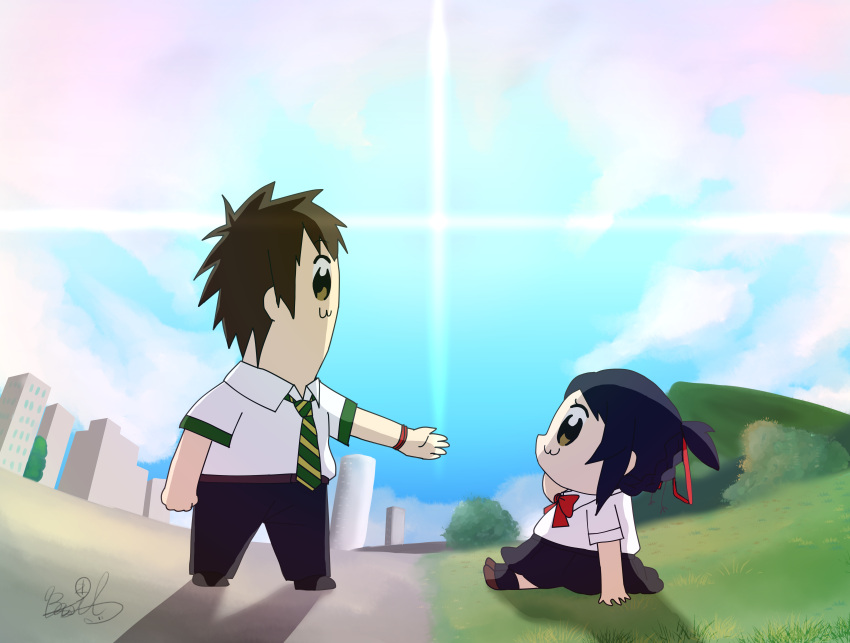 1boy 1girl absurdres alternate_eye_color bkub_(style) black_hair brown_eyes brown_hair chibi commentary_request green_neckwear hair_ribbon highres kimi_no_na_wa miyamizu_mitsuha outstretched_arm parody poptepipic recursion red_ribbon ribbon school_uniform shiguro short_sleeves striped_neckwear tachibana_taki wrist_ribbon