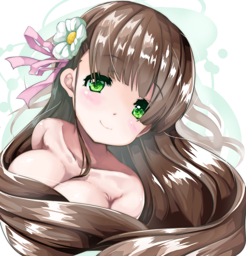 1girl bangs blunt_bangs blush breasts brown_hair cleavage closed_mouth collarbone commentary_request eyebrows_visible_through_hair flower gochuumon_wa_usagi_desu_ka? green_eyes hair_flower hair_ornament highres kokonyan_m_asagiri large_breasts long_hair looking_at_viewer nude pink_ribbon portrait ribbon smile solo two-tone_background ujimatsu_chiya very_long_hair white_flower