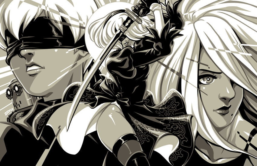 1boy 2girls android blindfold covered_eyes dress feather-trimmed_sleeves fighting_stance gloves hair_over_one_eye highleg highleg_leotard kaigetsudo katana leotard leotard_under_clothes lips long_dress long_hair mole mole_under_mouth monochrome multiple_girls nier_(series) nier_automata nose pascal_(nier_automata) robot short_hair side_slit solo_focus sword thighhighs_under_boots weapon yorha_no._2_type_b yorha_no._9_type_s yorha_type_a_no._2