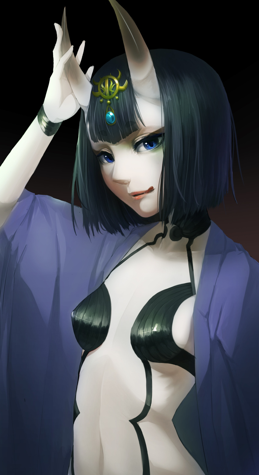 1girl absurdres black_hair blue_eyes blush breasts collarbone eyebrows_visible_through_hair fang fate/grand_order fate_(series) highres horns looking_at_viewer navel parted_lips qianhe_ziyan short_hair shuten_douji_(fate/grand_order) small_breasts smile solo thick_eyebrows tongue tongue_out upper_body