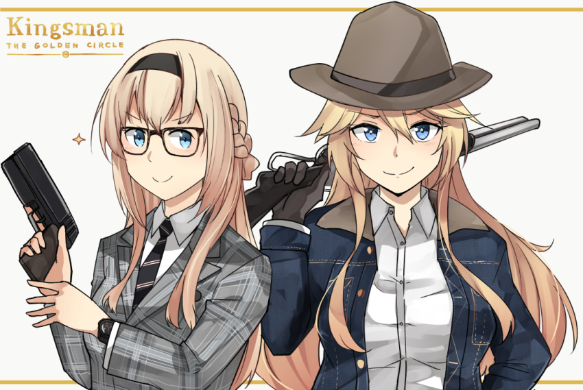 &gt;:) 2girls alternate_costume bespectacled black-framed_eyewear black_neckwear blonde_hair blue_eyes brown_hat buttons commentary_request glasses gun hair_between_eyes hat holding holding_gun holding_weapon ido_(teketeke) iowa_(kantai_collection) kantai_collection kingsman:_the_golden_circle kingsman:_the_secret_service long_hair long_sleeves multiple_girls necktie parody smile sparkle v-shaped_eyebrows warspite_(kantai_collection) weapon