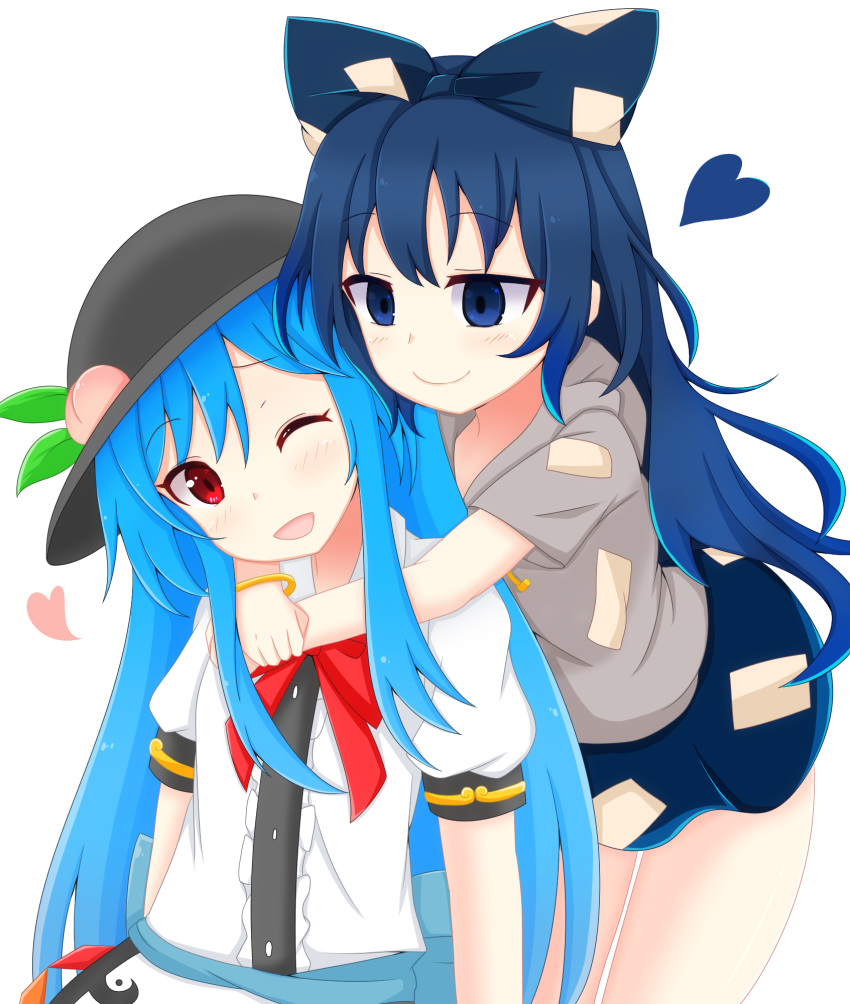 2girls bangs black_hat blue_bow blue_eyes blue_hair blue_skirt bow bracelet commentary_request food fruit hair_bow hat heart highres hinanawi_tenshi hood hood_down hoodie hug hug_from_behind jewelry leaf long_hair looking_at_another miniskirt multiple_girls one_eye_closed open_mouth peach red_eyes shirt short_hair short_sleeves shunki skirt touhou white_background white_shirt yorigami_shion yuri