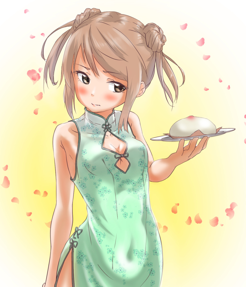 1girl blush breasts brown_eyes brown_hair cake china_dress chinese_clothes closed_mouth dress flower food hair_ornament highres kantai_collection long_hair looking_at_viewer medium_hair michishio_(kantai_collection) no_bra plate remodel_(kantai_collection) short_dress small_breasts solo tama_(seiga46239239)