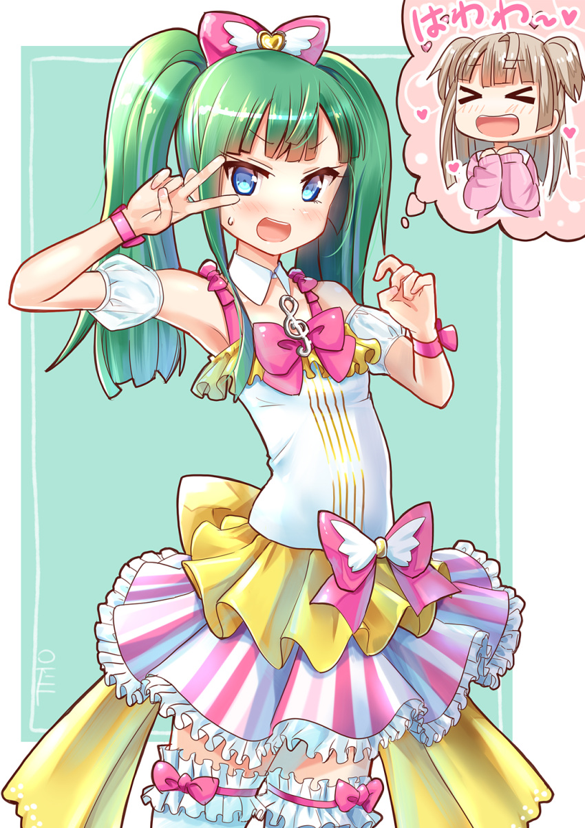 &gt;_&lt; 1girl :d blue_eyes blush camisole cardigan commentary_request detached_collar frilled_legwear frilled_skirt frills green_hair heart highres light_brown_hair long_hair long_sleeves looking_at_viewer okiru open_mouth pink_cardigan pripara puffy_short_sleeves puffy_sleeves short_sleeves skirt smile solo striped sweat thigh-highs treble_clef tsukikawa_chiri twintails v_over_eye vertical-striped_skirt vertical_stripes white_camisole white_collar white_legwear wing_collar xd