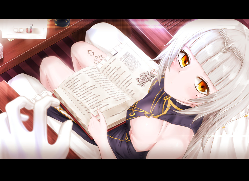 1girl absurdres admiral_(azur_lane) azur_lane book breasts chair expressionless gloves hair_ornament highres long_hair looking_at_viewer mole mole_under_eye p_ion pov sideboob sitting sitting_on_person solo_focus table tattoo yellow_eyes z46_(azur_lane)